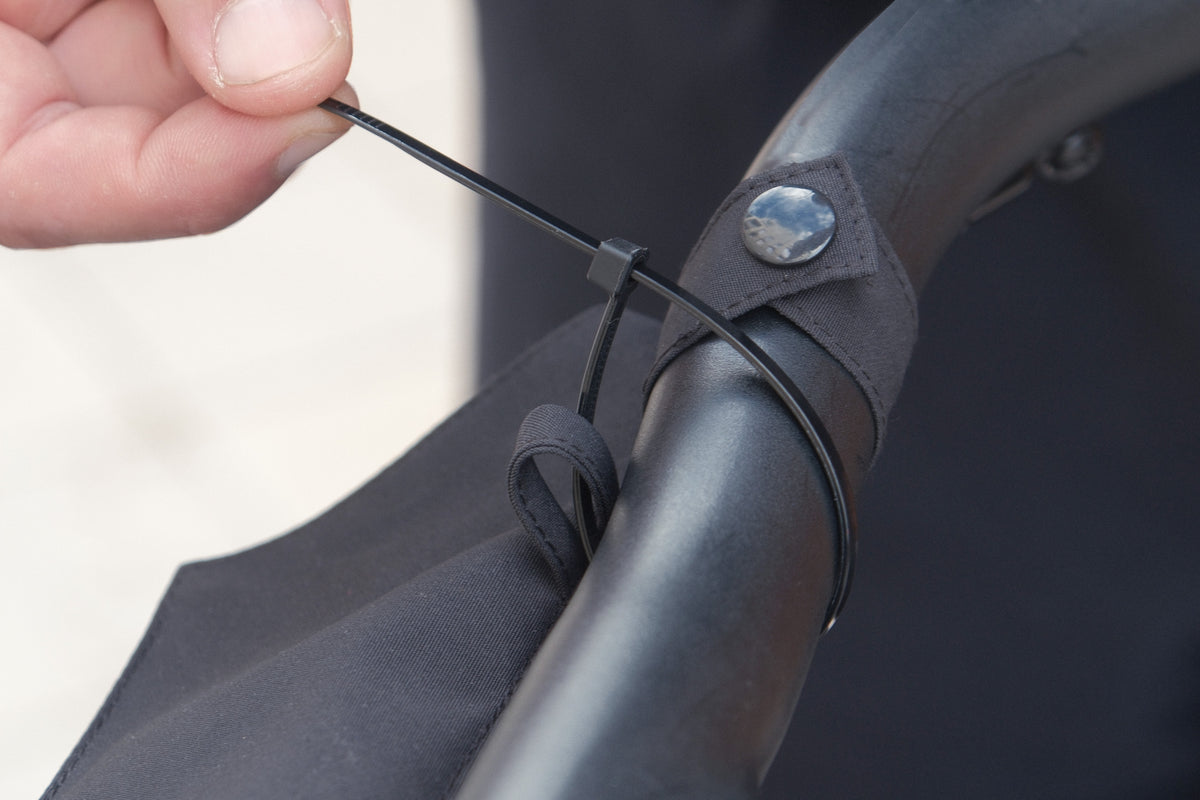 Manta strap secured around the handlebar with a cable tie